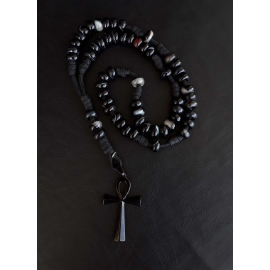 The Black Agate Ankh 5 Decade Catholic Rosary 